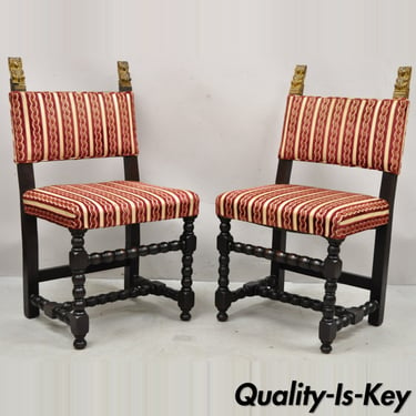 Antique Small Jacobean Style Turn Carved Walnut Accent Side Chairs - a Pair