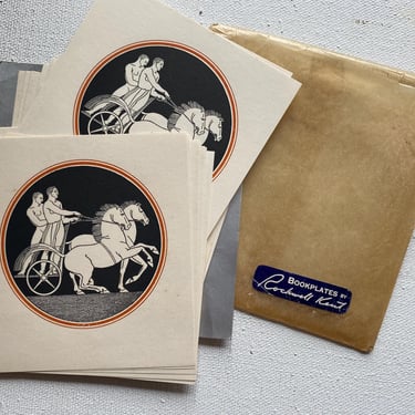 Vintage Rockwell Kent Bookplates, Two Men In Chariot, Art Deco, Ancient Rome, Greek, Set Of 30 In Original Glassine Envelope, Books, Library 