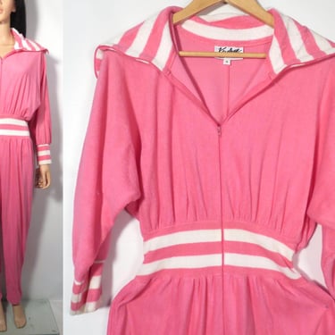 Vintage 80s/90s Deadstock Bright Bubblegum Barbie Pink Terrycloth Jumpsuit Size S/M 