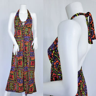 1970's Neon Geometric Tribal Print Fritzi Halter Back Long Maxi Dress I Sz Med 