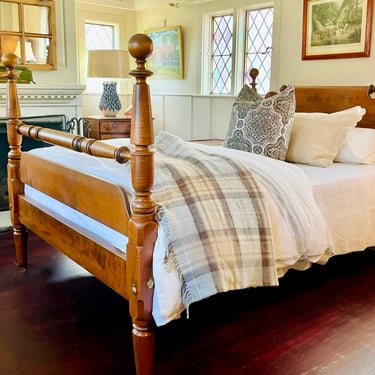Ball top Bed in Tiger Maple Original Posts ~ Circa 1830, Resized to Queen with Roll-back, Repeat-end, Ram's Ear Headboard, Turned Blanket Rail & Low Footboard