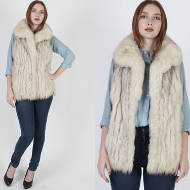 80s Natural Arctic Fox Vest, Plush Real Fur Shawl Collar, Vintage 1980's's Casual Jacket S M 