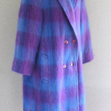 1960-70 - Mohair Wool - Royal Blue / Purple Plaid - Coat - Estimated size M/L 10/12 - by Rice Coat Company 