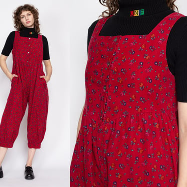 Medium 80s Laura Ashley Red Floral Corduroy Jumpsuit | Retro Vintage Calico Sleeveless Romper Pantsuit 
