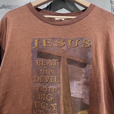 Size xl 1990s Jesus beat the devil with a big stick brown graphic t shirt 