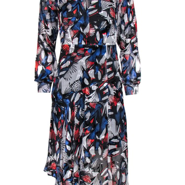 Reiss - Red, White & Blue Floral Print Sheer Long Sleeve Dress Sz XS