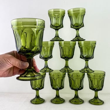 Sets of 2 Anchor Hocking Fairfield Avocado Green Goblets, Vintage On The Rocks Goblets, Stemmed Water Wine Glasses, Colored Glassware 