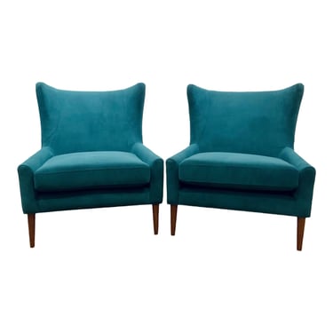Modern Turquoise Velvet Wingback Chairs Pair