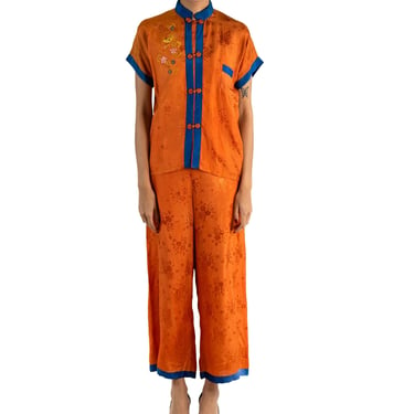 1940S Orange & Blue Silk Jacquard Pajamas With Dragon  Embroidery 