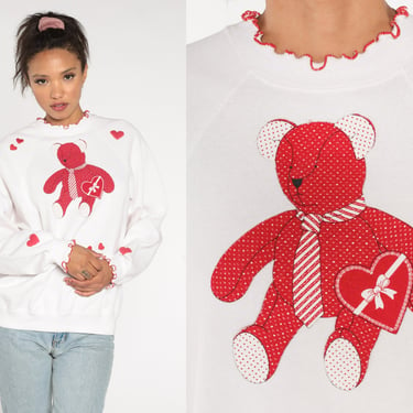 90s Teddy Bear Sweatshirt Heart Sweatshirt Valentine's Day Shirt Lettuce Edge Hem Sweater Pullover Jumper 1990s Vintage Red White Large 