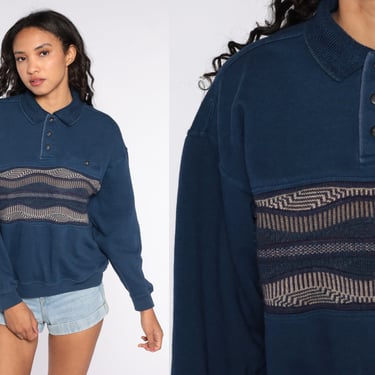 Polo Sweatshirt Navy Blue Striped Sweatshirt Sports 80s Shirt Pullover Grunge Button Up Jumper 90s Vintage Sportswear Medium 