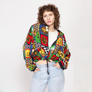 One Size 80s Baroque Print Cropped Bomber Jacket | Vintage Drawstring Waist Grunge Red Green Slouchy Zip Up Lightweight Jacket 