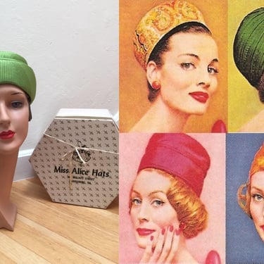 She Was the Top - Vintage 1950s 1960s Lime Chartreuse Green Satin Bow Pill Box Hat w/Hat Box 