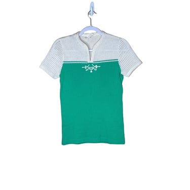 Vintage 70's James Kenrob Green White Open Knit Blouse Tennis Shirt, Size Small 