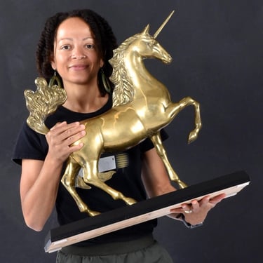 Large Brass Unicorn Sculpture Figurine on Black Wood Base Nearly 22 Inch 