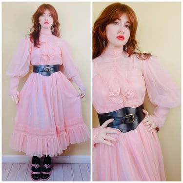 1980s Vintage Pink Nylon Mutton Sleeve Midi Dress / 80s Pastel Sheer Ruffled High Neck Prairie Dress / Small 