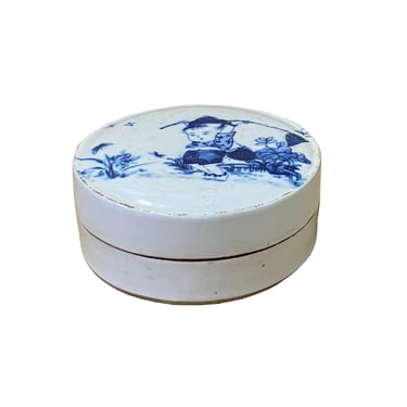 Chinese Blue White Porcelain Graphic Accent Round Box Display ws2004E 