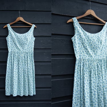 Vintage 60s Floral Dress, Blue Calico Cotton Summer Dress, Size Small 