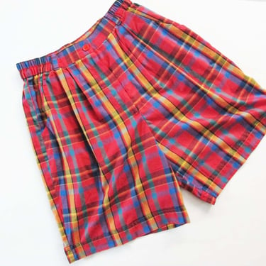 Vintage 90s Red Madras Plaid Shorts S - 1990s Womens High Waist Preppy Long Mom Shorts 
