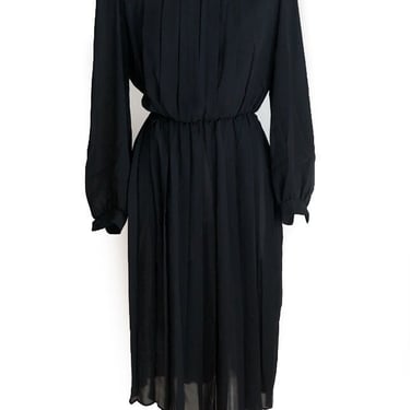 70's, 1940's style Vintage Dress, Sheer Black Secretary Dress, 1980's Black Dress, Pleats, 1970's Disco Hippie Boho Long Sleeves 
