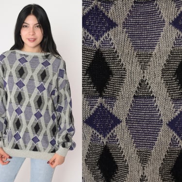 Diamond Knit Sweater 80s Pullover Sweater Grey Black Blue Geometric Print Crewneck Jumper Grunge Retro Acrylic Vintage 1980s Extra Large xl 