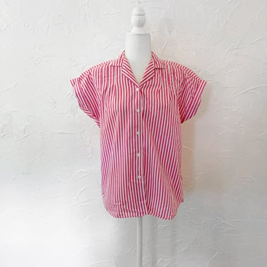 80s Pink and White Vertical Striped Collared Button Up Shirt | Medium 
