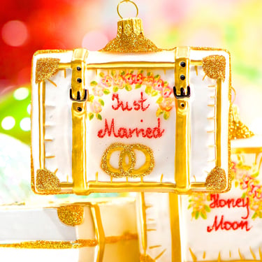VINTAGE: Poland Wedding Mercury Ornament - Just Married Luggage Ornament - Honey Moon - Glass Ornament - Impuls Glittery Ornament 