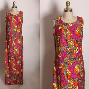 1960s Pink, Yellow and Orange Abstract Swirl Psychedelic Peter Max Style Full Length Button Up Side Sleeveless Dress by Toty Original -M 