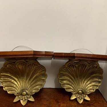 Pair of Vintage Wood and Solid Brass Seashell Floating Shelves 