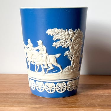Blue Copeland Jasperware Cup. Blue and White Grecian Ceramic Vessel. Blue Vase with White Raised Relief Scene. 