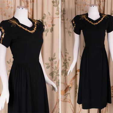1940s Dress - Elegant Black Rayon Crepe 40s Cocktail Dress with Gold Sequins and Cold Shoulders Sleeves 