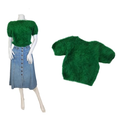 1950's Puff Sleeve Green Fuzzy Angora Pull Over Sweater I Sz Med I Pin Up I Bombshell 