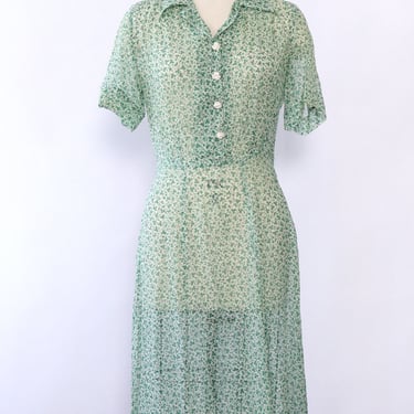1940s Sheer Shamrock Day Dress M/L