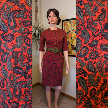 Vintage 1950s Red & Olive Green Paisley Cotton Wiggle Sheath Pencil Dress / 50s 60s 3/4 Sleeve Pockets Button Front Retro Christmas 