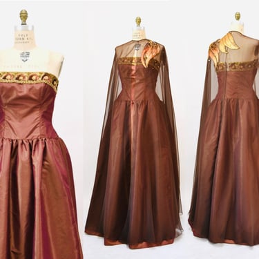 80s 90s Dramatic Vintage Copper Brown Evening Gown Dress Medium Large Victor costa Sheer Beaded Sequin Cape Brown Strapless Ball Gown Dress 