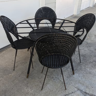 Vintage Modern Salterini Style Wicker and Iron Dining Chairs and Table - Set of 5 