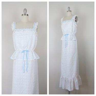 Vintage 1970s maxi dress set, skirt and matching top, 2 piece, eyelet, lace, cottagecore 