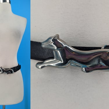 Vintage Avignon Black Leather Belt with Silver Panther Leopard Belt Buckle 