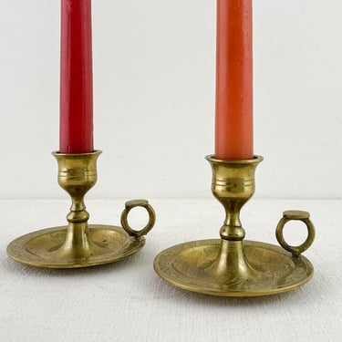 Vintage Etched Brass Candlestick Pair with Handles, Set of 2 Short Aged Brass Candleholders 