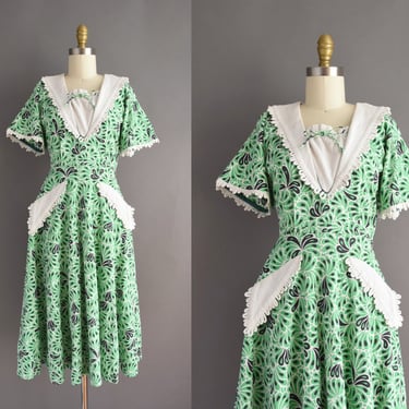 1940s dress | Green Thick Cotton Abstract Print Shirtwaist Dress | Small | 40s vintage dress 