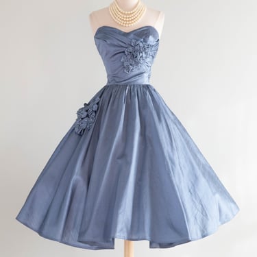 Exquisite 1950's Crystal Blue Silk Formal Party Dress / Small