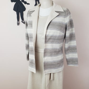 Vintage 1970's Polyester Suit Set / 70s Gray and Cream Jacket & Dress 