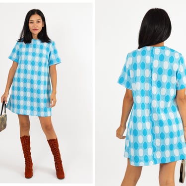 Vintage 1960s 60s Geometric Abstract Mod Print Blue Shift Mini Dress w/ Capped Sleeves // Circle Print Plus Size 