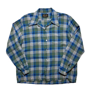Vintage 1950s/1960s DOMINION CLOTH Rayon Sport Shirt ~ XL ~ Plaid ~ Arrow Chevella Style 
