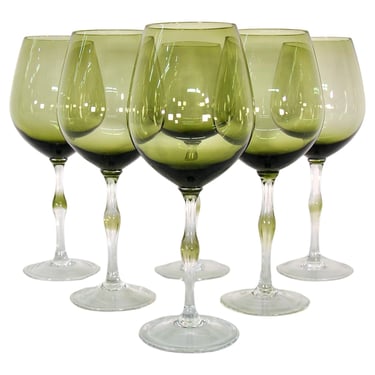 Vintage Green Hand-Blown Glass Wine Glasses - Set of 6 