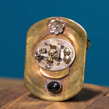 Sterling Brass Brooch Artisan Signed Handmade Jewelry Retro 