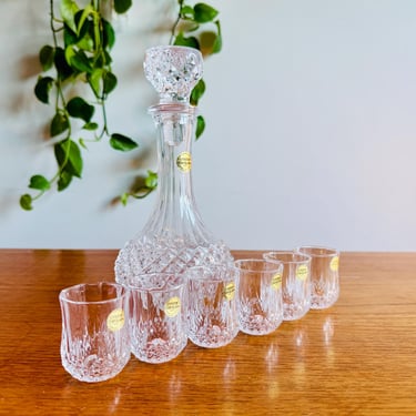 Vintage 1970s Crystal D’Arques Longchamp Cordial Seven Piece Decanter and Shot Glass Set, Unused in Original Box, Made in France 