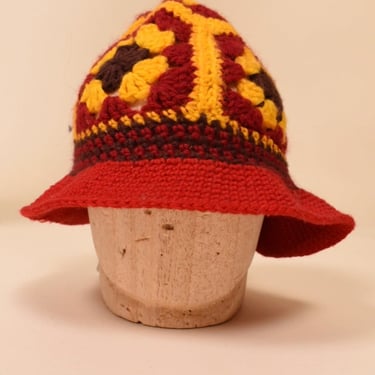 Red and Yellow Granny Square Bucket Hat