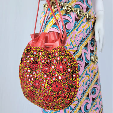 Hippie 1960's Red Leather Mirrored Drawstring Satchel Hobo Bag Purse I Pakistan 