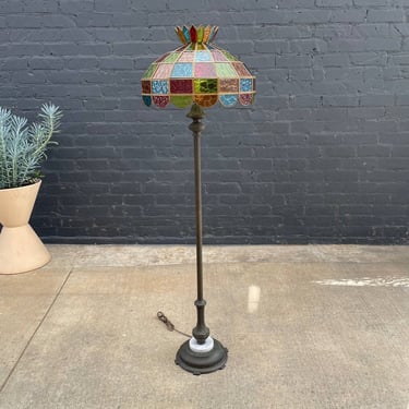 Antique Bronze, Marble Floor Lamp & Tiffany Glass Style Shade, c.1960’s 